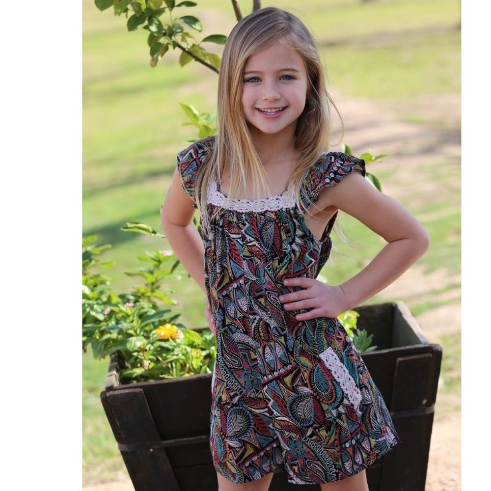 Angie Girls Multicolor Paisley Romper with Lace Accents